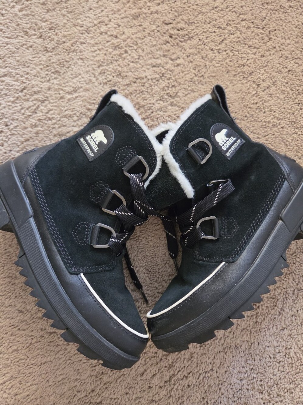 Sorel Tivoli Black Suede Waterproof Lace-Up Winter Boots with Faux Fur